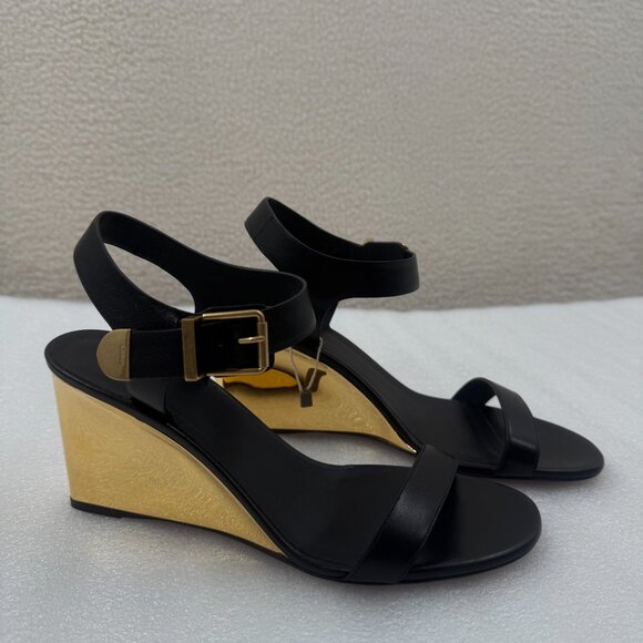Chloé Rebecca leather sandals Black and Gold Wedge Sz 41 US 11 NEW - Picture 1 of 12